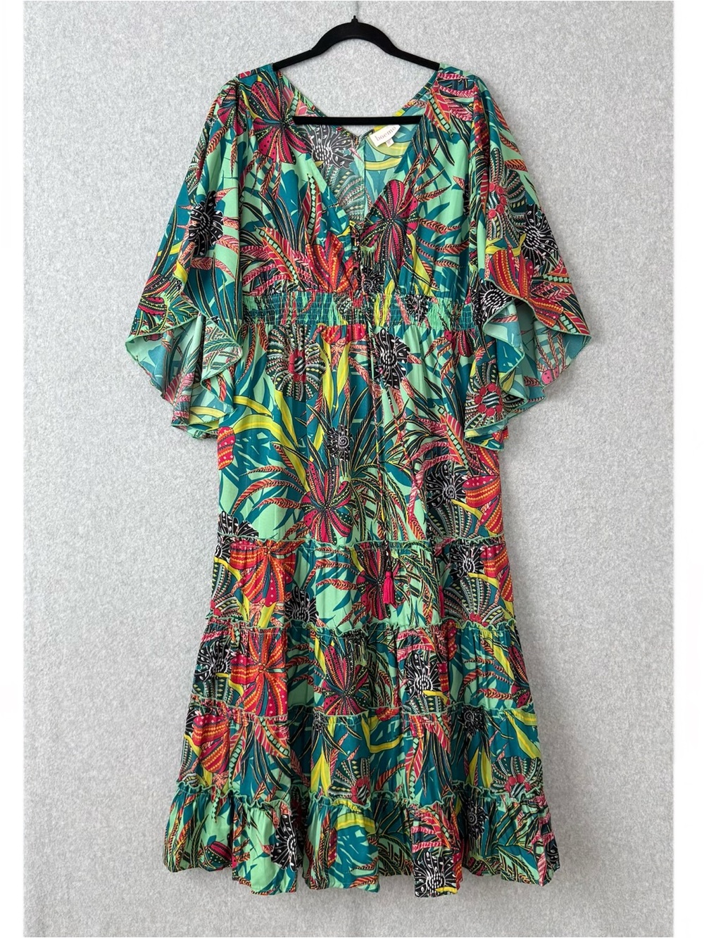 Boemo Anthropologie Tropical Maxi Dress Womens XL Bell Sleeve Tiered Resort Boho